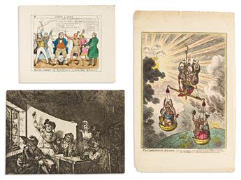 (SATIRE.) James Gillray, and others. Group of 5 mostly hand-colored printed social and political satires.